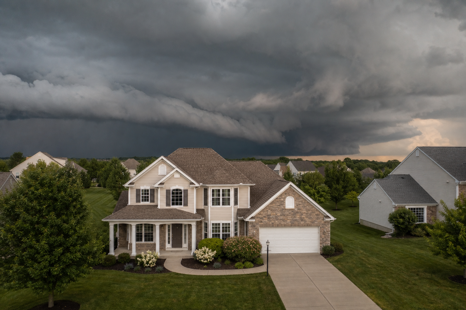 Two-story Ohio home with intact roof and gutters under approaching summer thunderstorm clouds